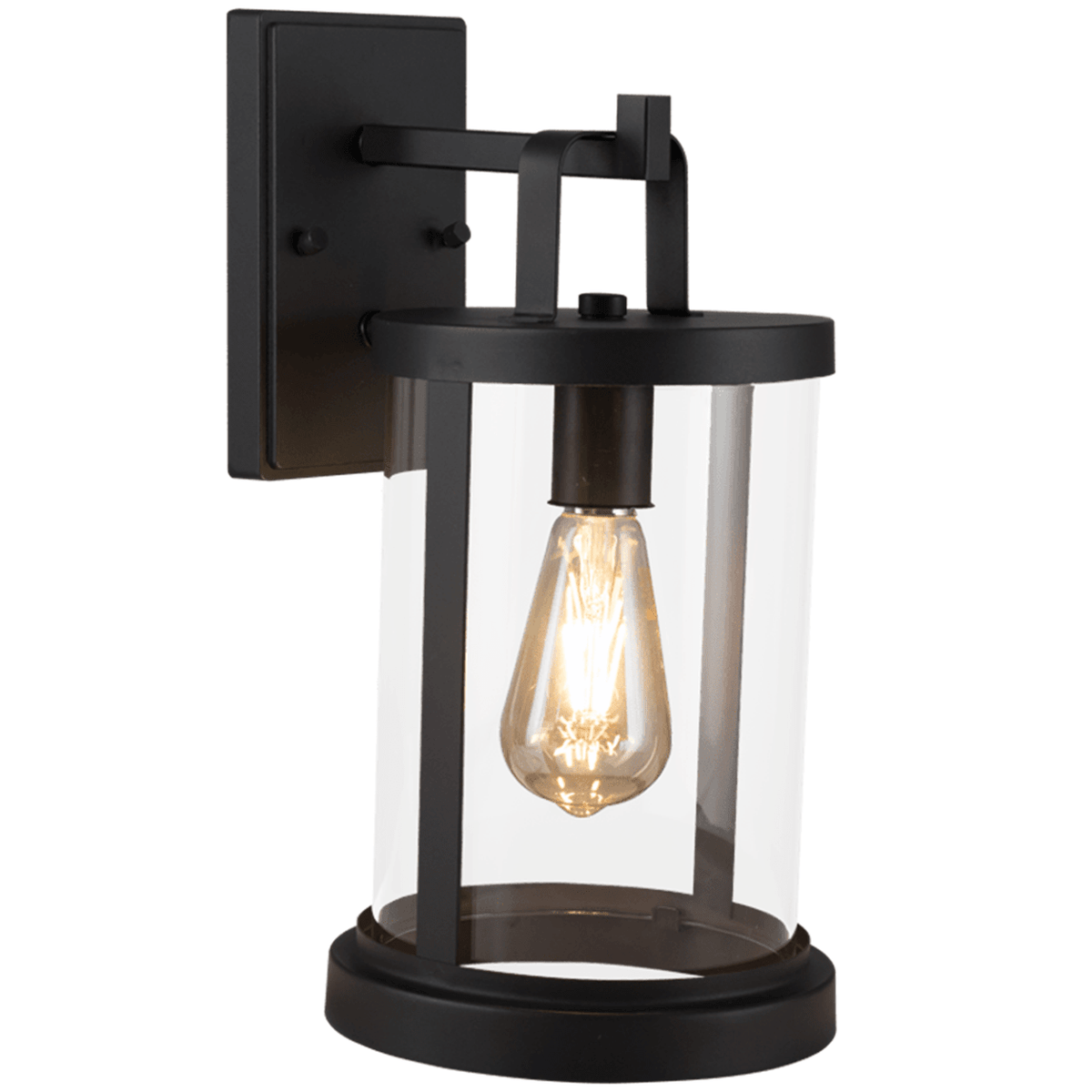 Black exterior wall light with clear glass and exposed bulb on a white background.