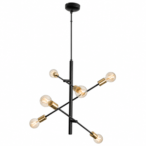 Black and gold six-light pendant with adjustable arms on a white background