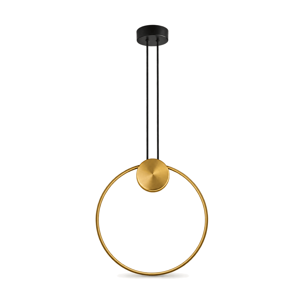 Black and gold LED pendant light on white background