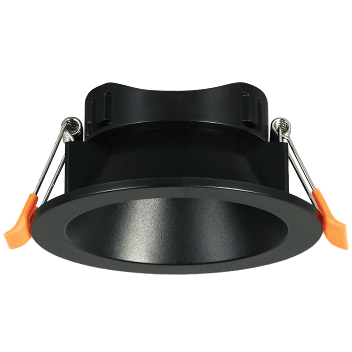 Black straight anti-glare GU10 recessed downlight trim with orange spring clips on a white background.