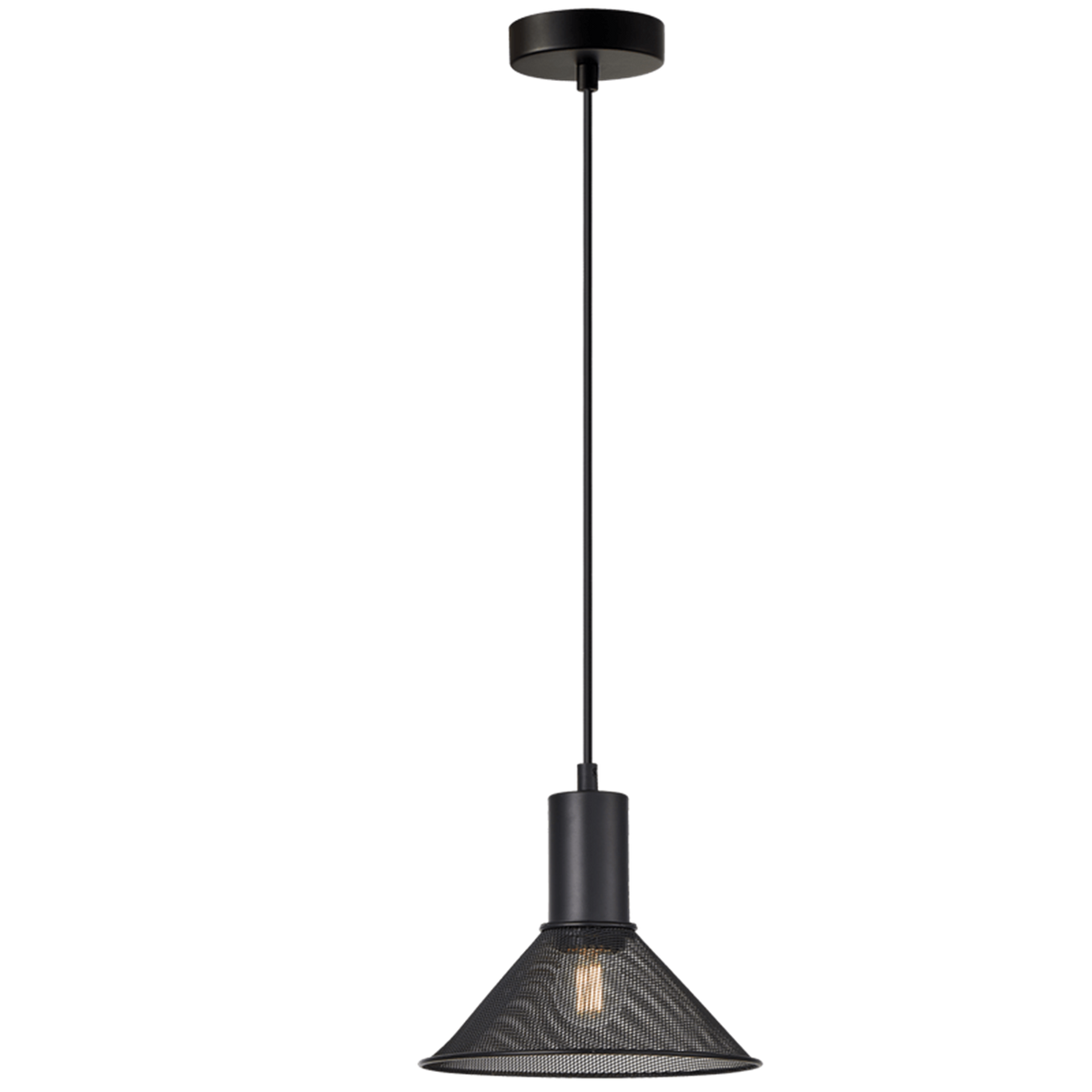 Black iron PEN959 pendant light with mesh shade and ceiling cup, transparent background.