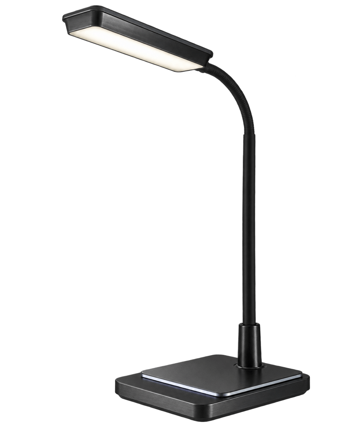 Black adjustable LED desk lamp on transparent background