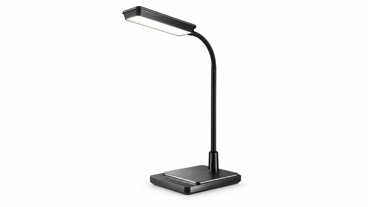Black adjustable LED desk lamp on white background