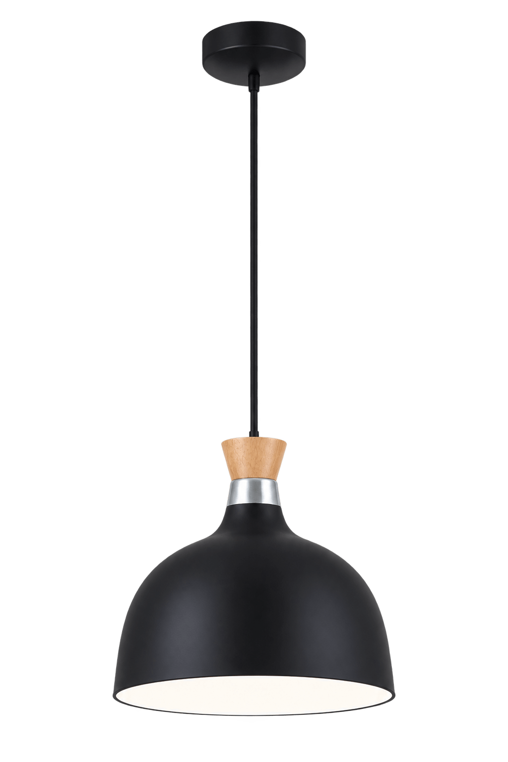 Black metal and wood pendant light on a transparent background