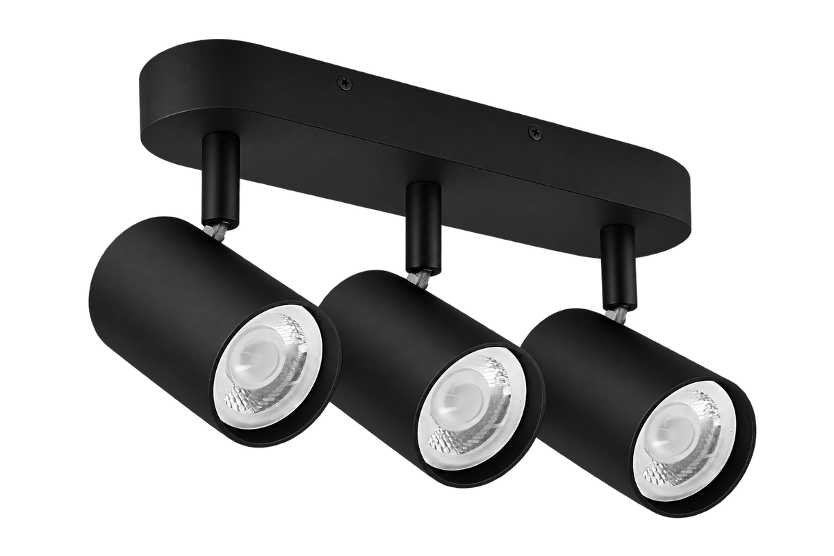 Black three-head adjustable spotlight on a transparent background