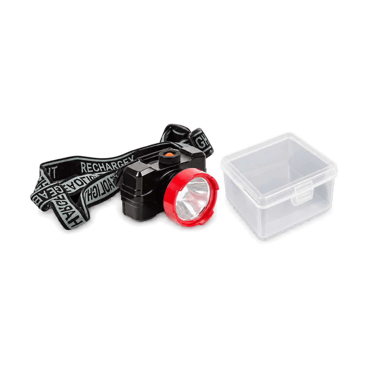 Black rechargeable LED headlamp and storage case, transparent background