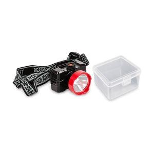 Black rechargeable LED headlamp and storage case, transparent background