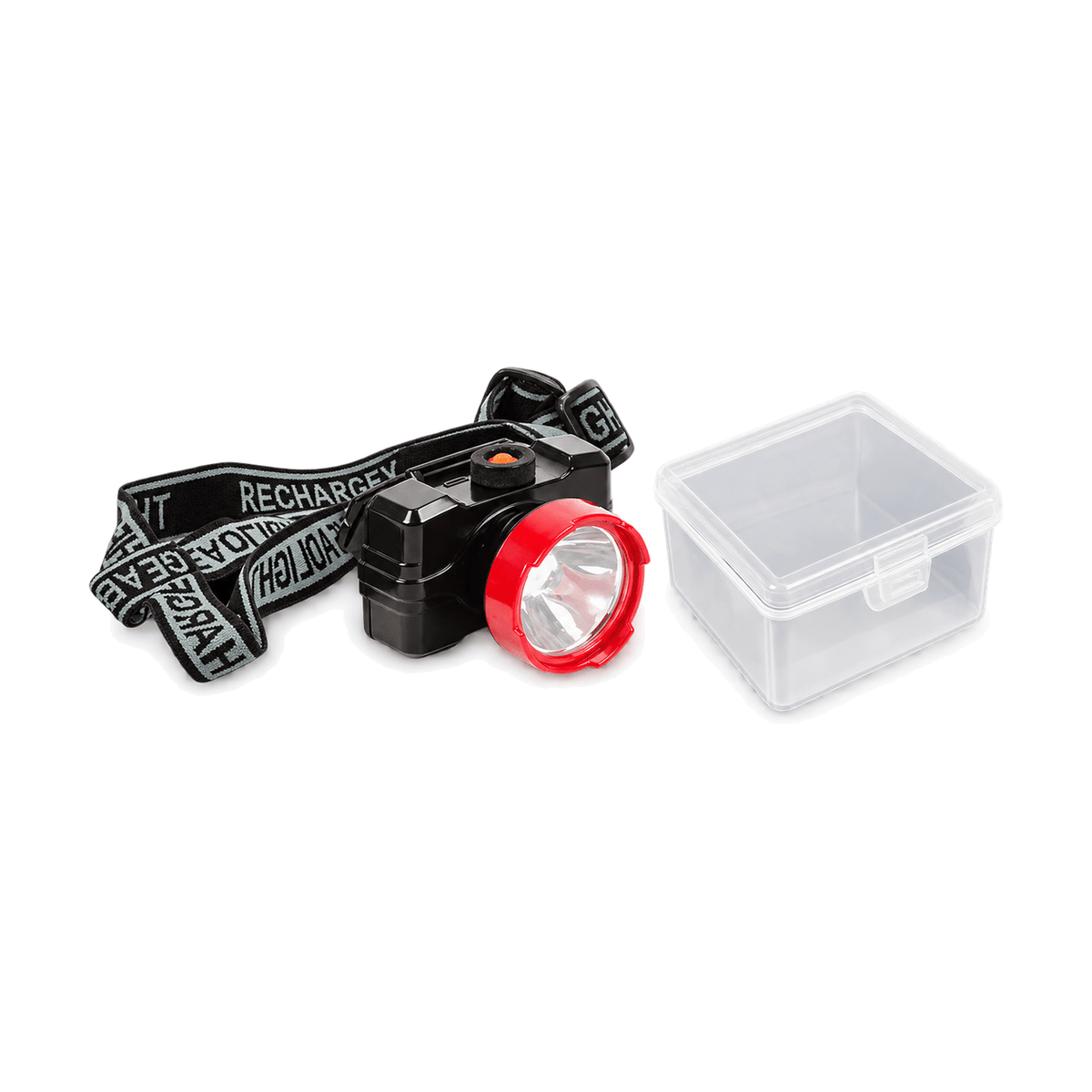Black rechargeable LED headlamp and storage case on white background