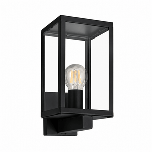 Black rectangular outdoor wall lantern with clear glass panels, mounted on bracket, showing exposed E27 bulb.