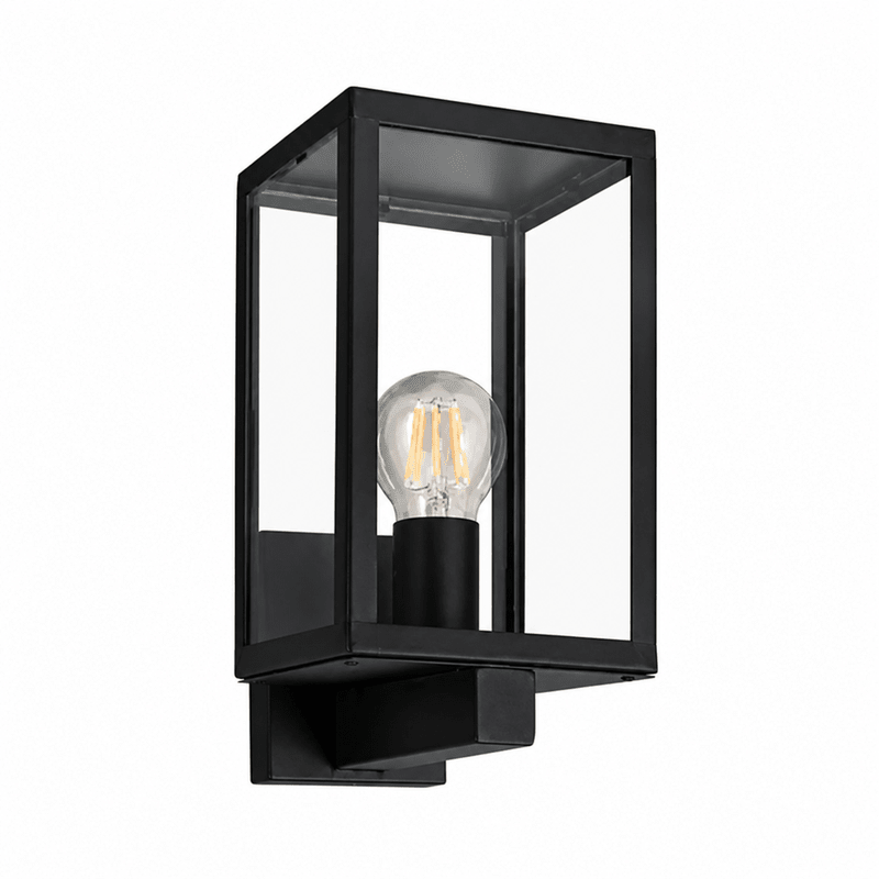 Black rectangular outdoor wall lantern with clear glass panels, mounted on bracket, showing exposed E27 bulb.