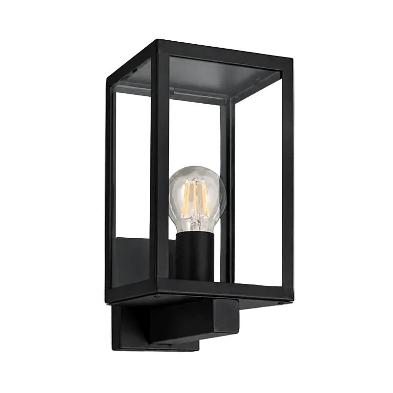 Metal outdoor wall lantern with clear glass enclosure and visible filament bulb.