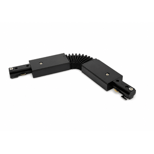 Black L‑shaped track connector with flexible accordion joint, two metal blocks and mounting screws on white background.