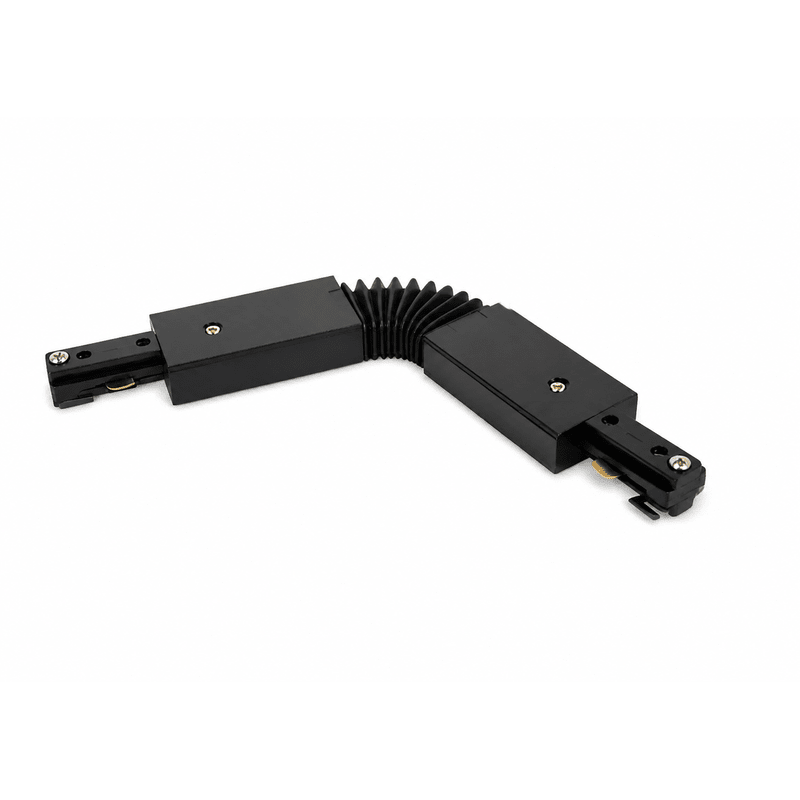 Black L‑shaped track connector with flexible accordion joint, two metal blocks and mounting screws on white background.