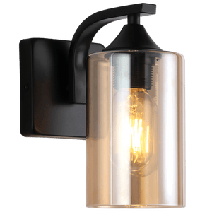 Black metal wall light with amber glass shade on a transparent background.