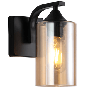 Black metal wall light with amber glass shade on a white background.