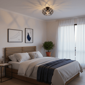 Stylish black ceiling light illuminating a modern bedroom with a wooden bed and decorative plants.