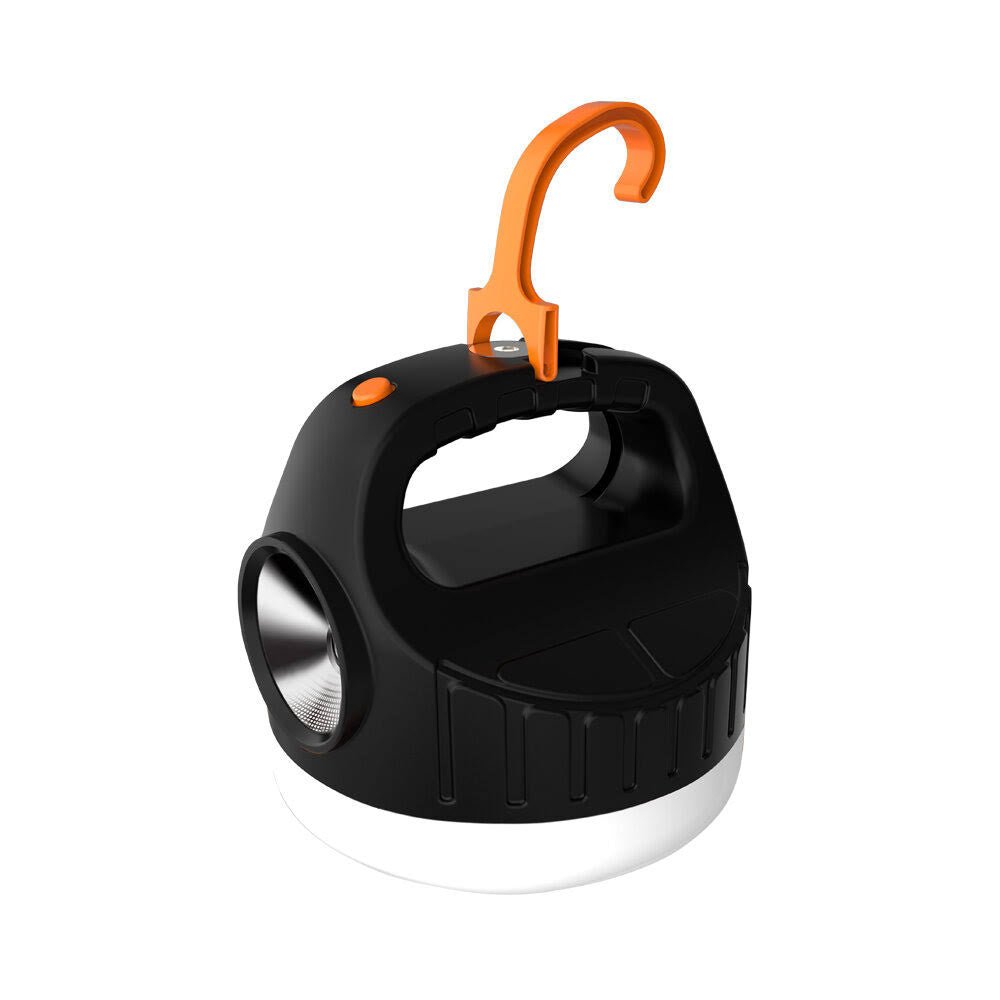 Black and orange retractable dog leash with a built-in flashlight on a white background
