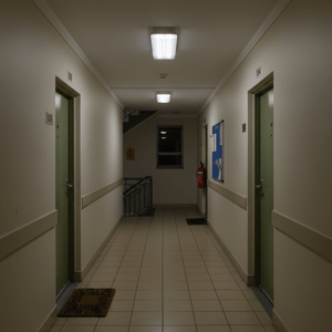 Illuminated corridor with two green doors and emergency ceiling lights for safety during power outages.