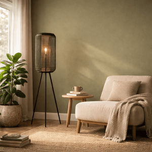 Sleek black-and-gold floor lamp beside a cozy armchair and side table with books and a cup.