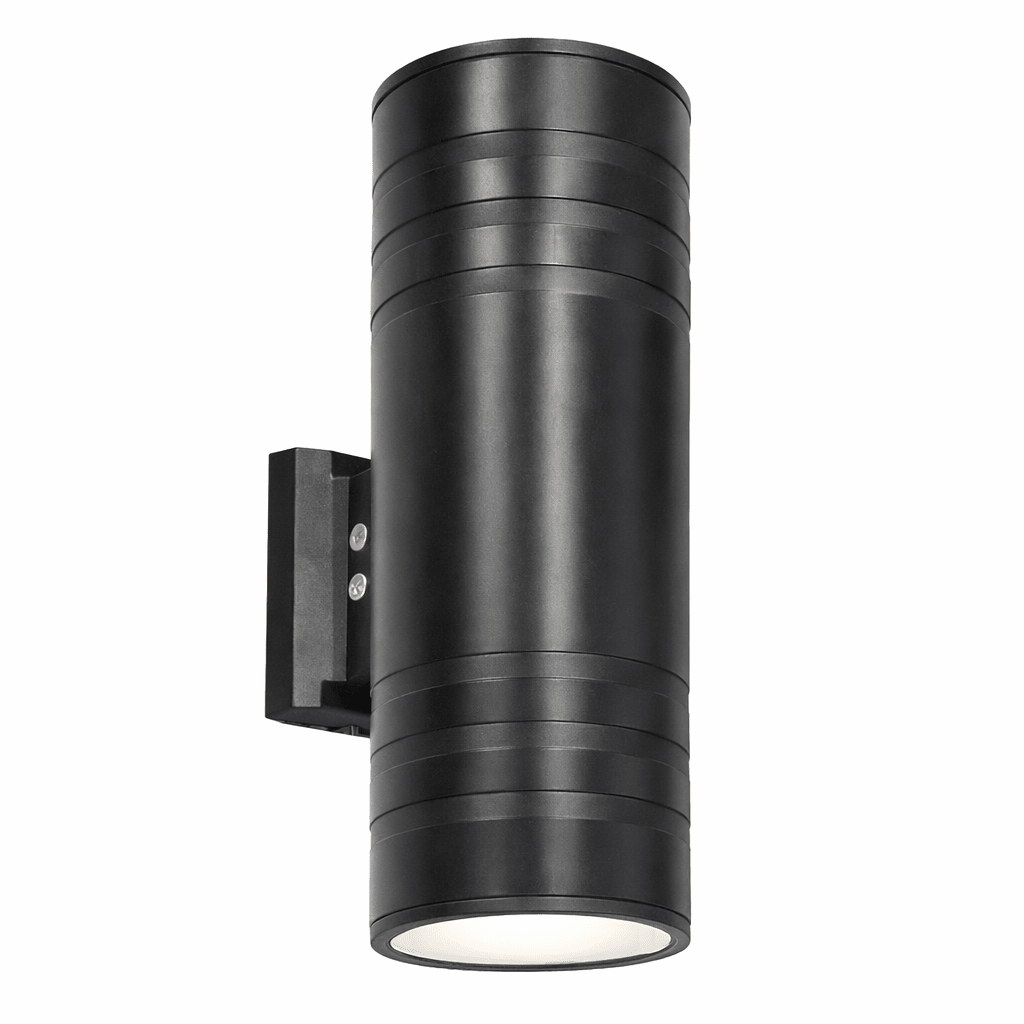 Black cylindrical outdoor wall light fixture on a white background