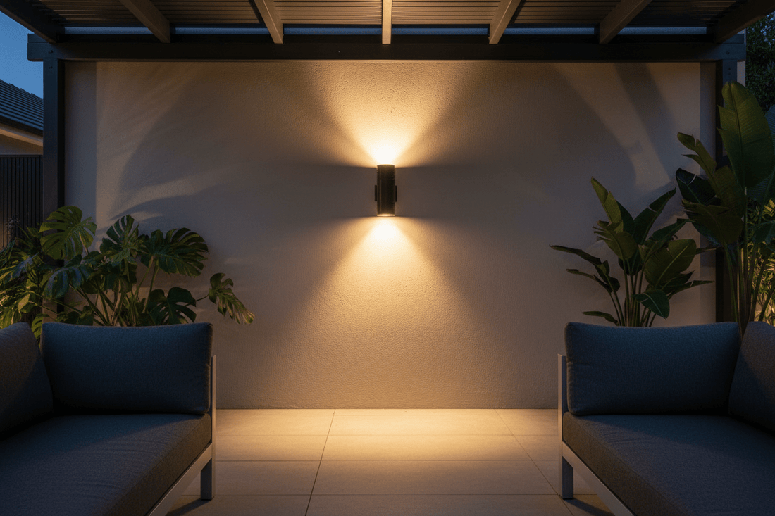 Comparison view of coastal-rated LED wall light versus standard outdoor fitting on a South African seaside patio showing IP65 seal and corrosion protection