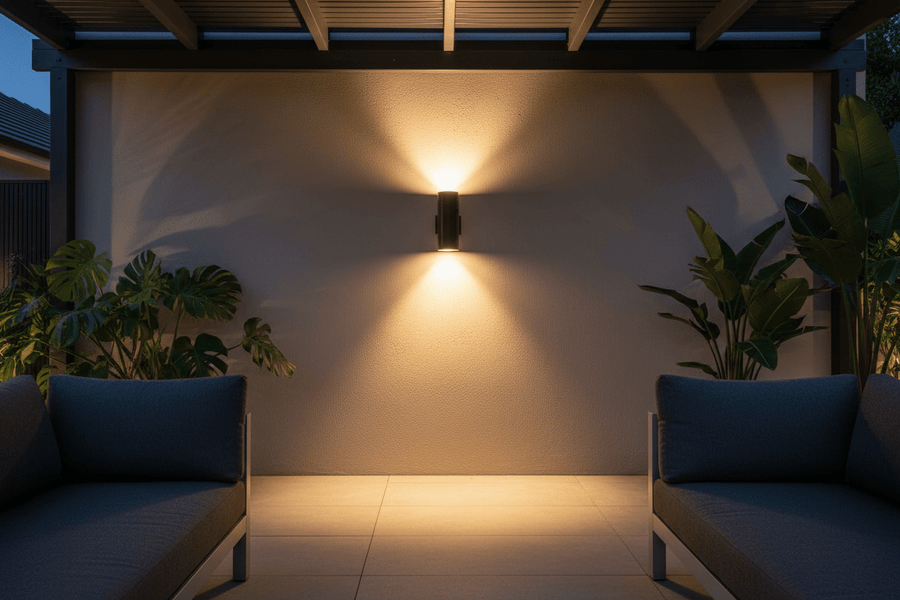 Outdoor wall lights for Cape Town patios and driveways, realistic South African home exterior with warm LED wall lighting, practical security visibility and soft ambience, realistic 800x800 composition with terracotta and deep green accents
