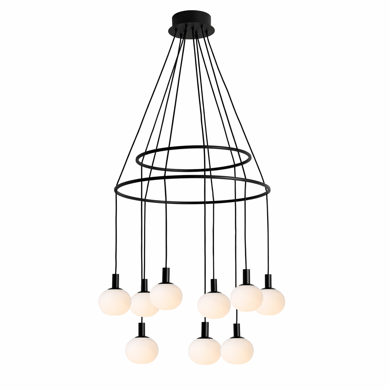 Modern chandelier with multiple light bulbs on a white background
