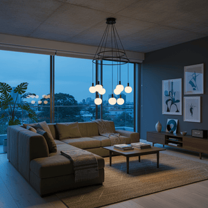 Contemporary chandelier with opal glass shades hanging over a modern lounge area, creating a warm ambiance.