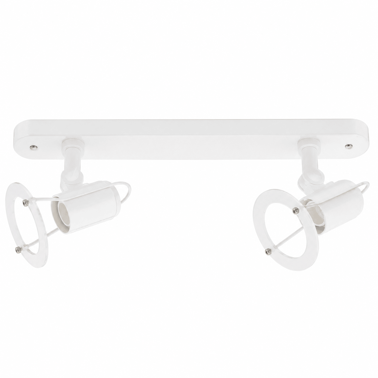 White ceiling light fixture with two spotlights on a white background