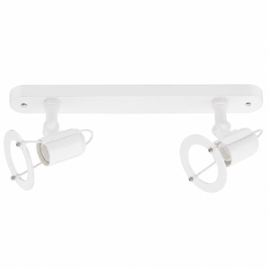 White ceiling light fixture with two spotlights on a white background