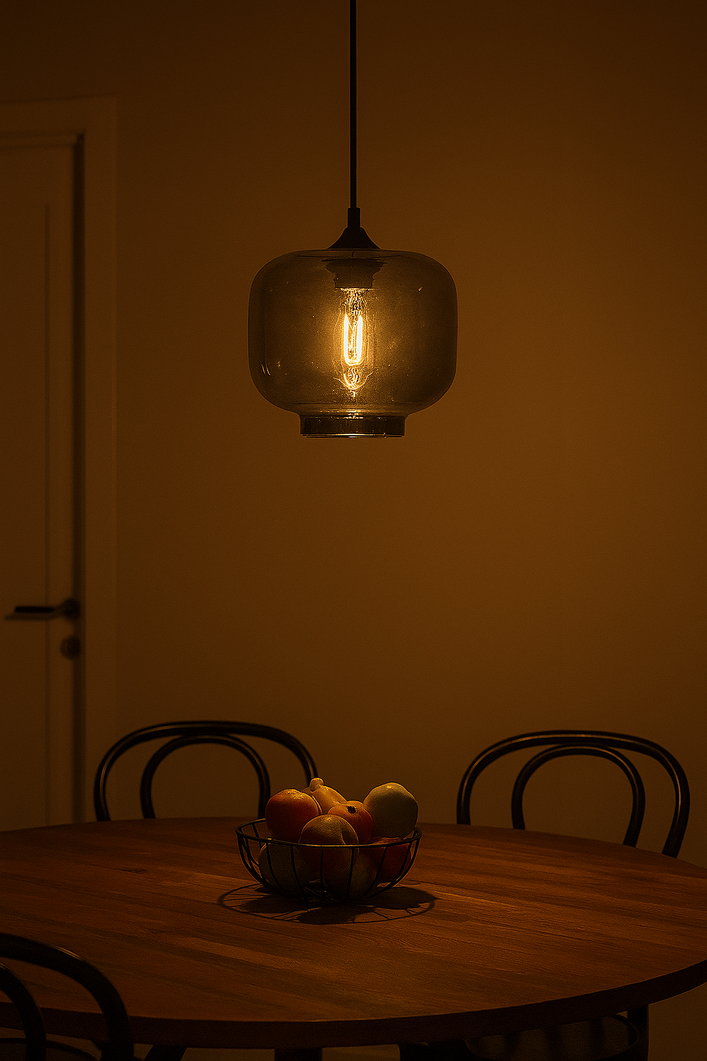 Dining area with a round table, chairs, and a bowl of fruit under a hanging light fixture.