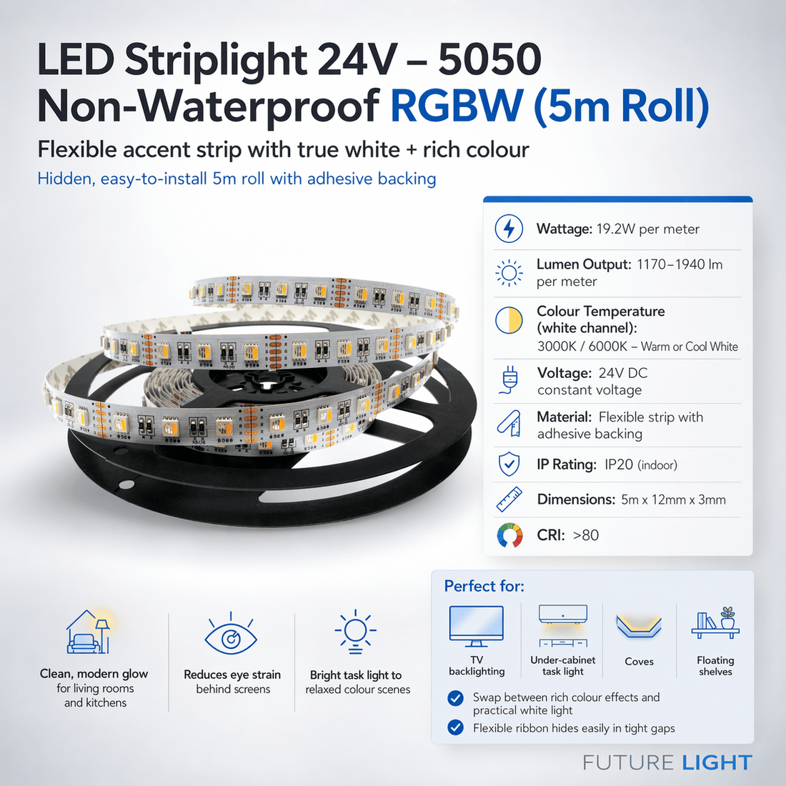 LED RGBW striplight running under retail display shelves inside a South African electronics store window, bright linear light highlighting products, realistic reflections on glass, no text or logos.