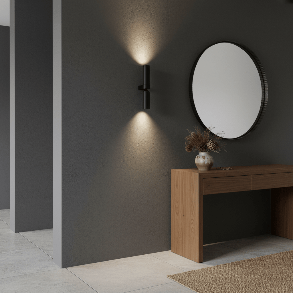 Banyan Black Up & Down Wall Light illuminating a dark wall beside a wooden console table and round mirror.