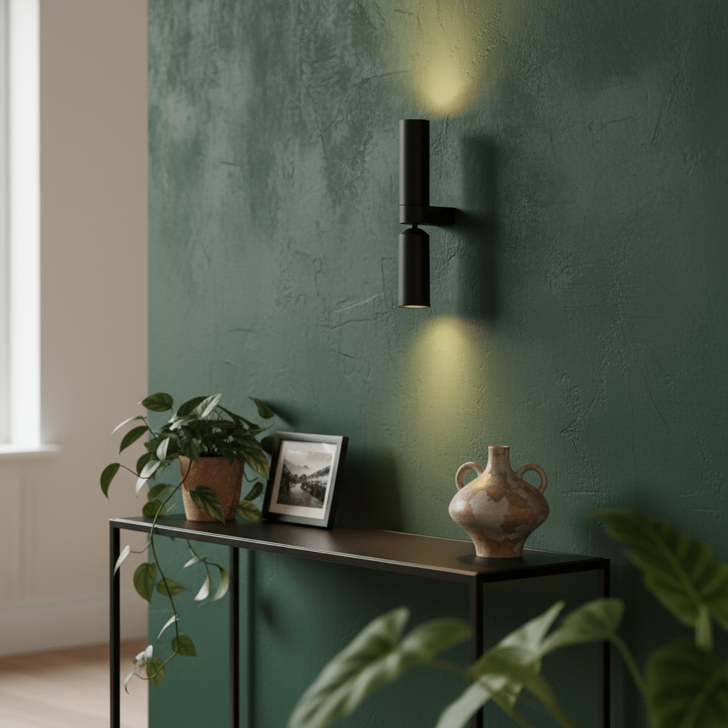 Banyan Black Up & Down Wall Light mounted on a textured green wall, illuminating a console table with a plant and