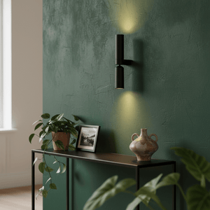 Banyan Black Up & Down Wall Light mounted on a textured green wall, illuminating a console table with a plant and