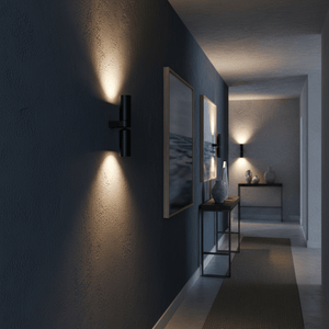 Banyan Black Up & Down Wall Light illuminating a stylish hallway with artwork and decor.