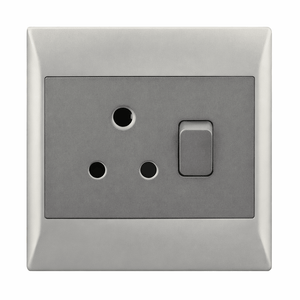 Single 16 Amp plug socket with grey finish and switch, designed for indoor use.
