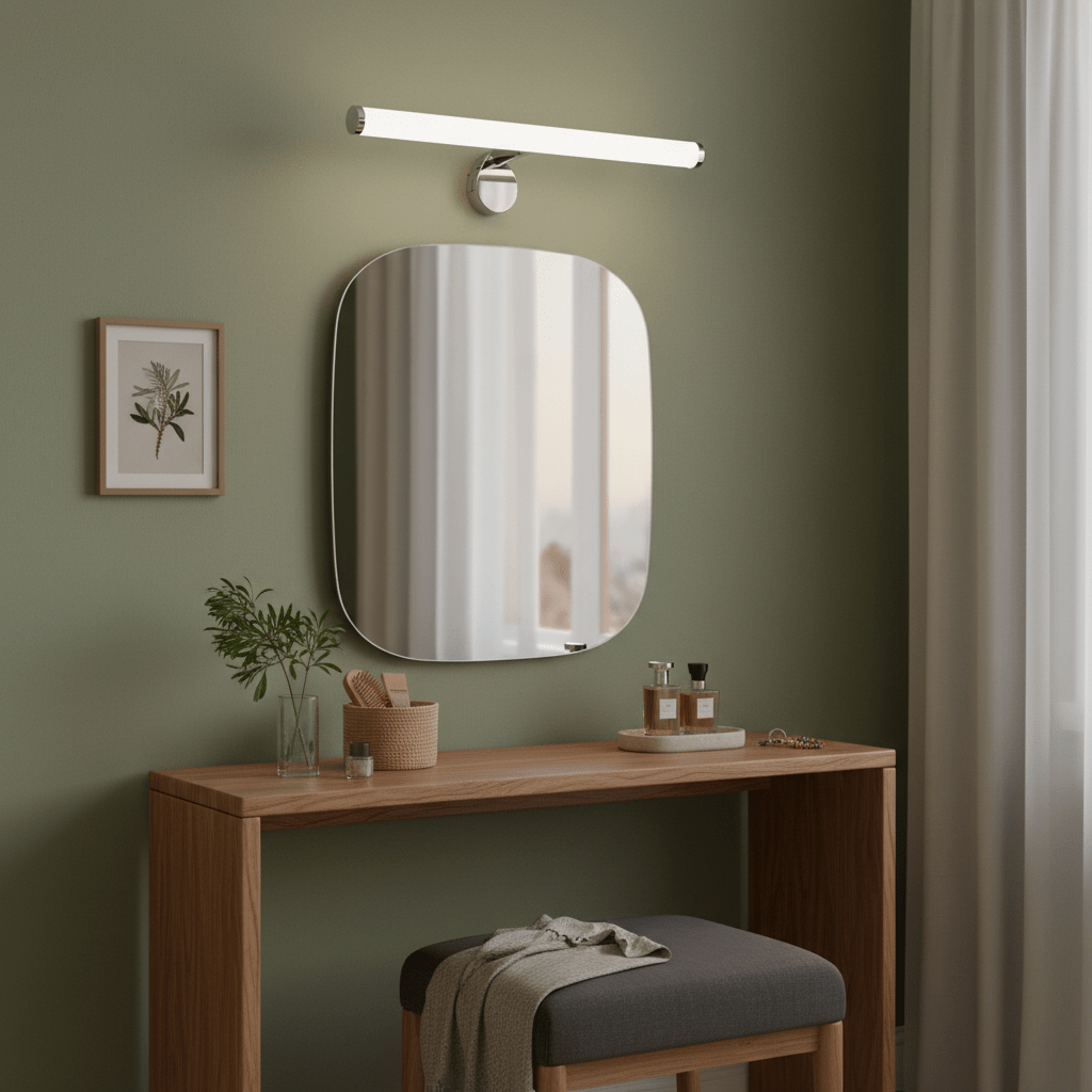 LED mirror light mounted above a modern dressing table with a mirror, plants, and decorative items.