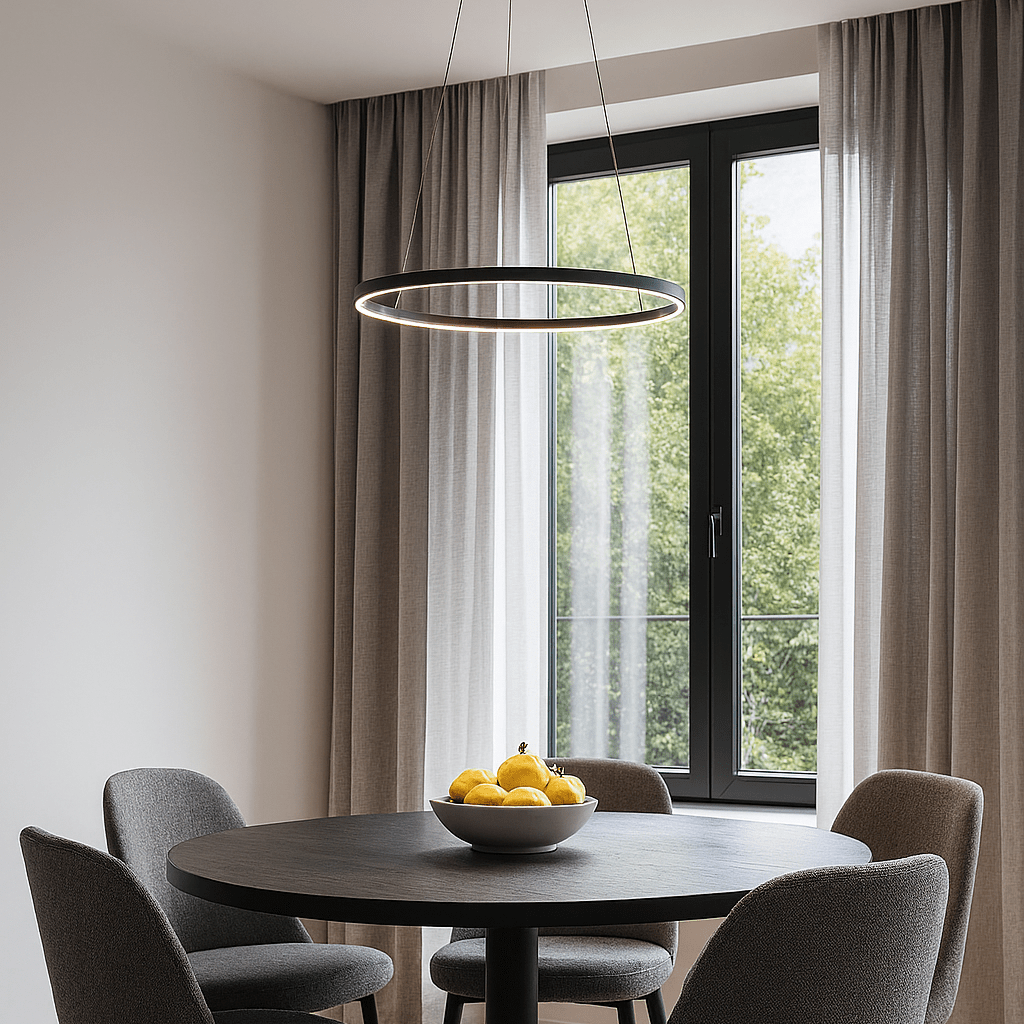 Modern dining room with a round table and chairs near large windows.