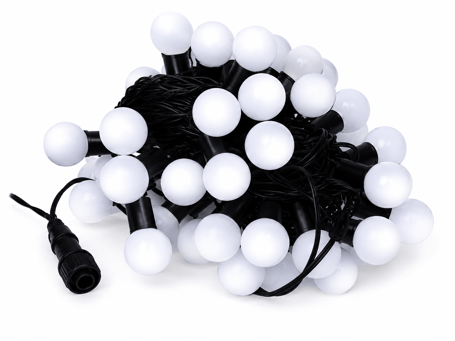 Connectable LED ball string lights with white bulbs on a black wire, coiled together.