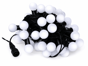 Connectable LED ball string lights with white bulbs on a black wire, coiled together.