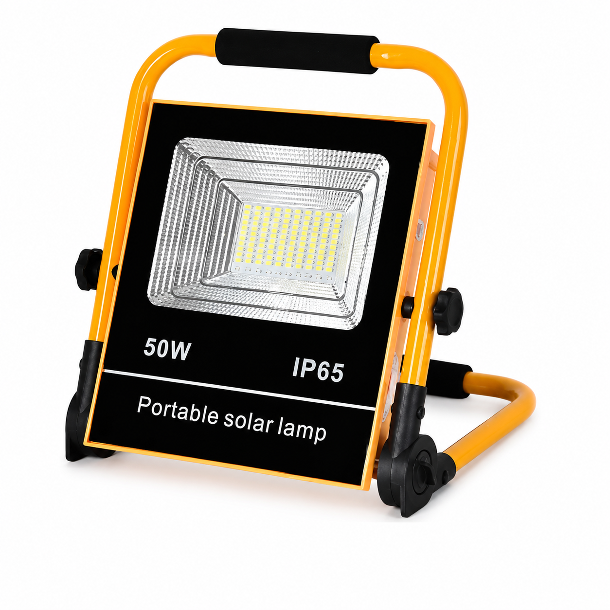 Portable 50w solar rechargeable lamp with yellow frame and black