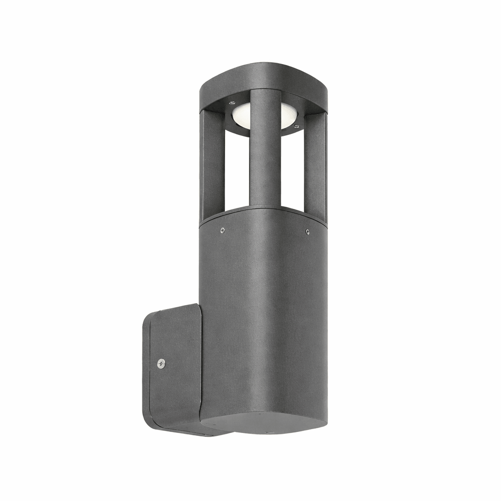 Gray outdoor wall light fixture on a white background