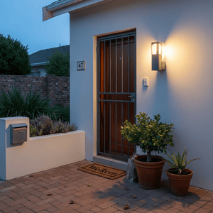 Naughty Anthracite LED Outdoor Wall Light illuminating a front door area with potted plants and a welcome mat.