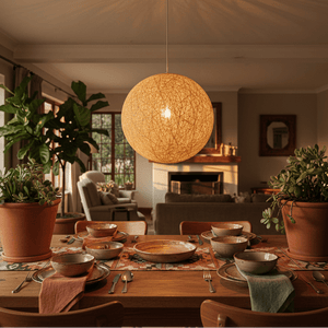 A natural twine pendant light hangs above a dining table set with plates and cutlery, surrounded by plants.