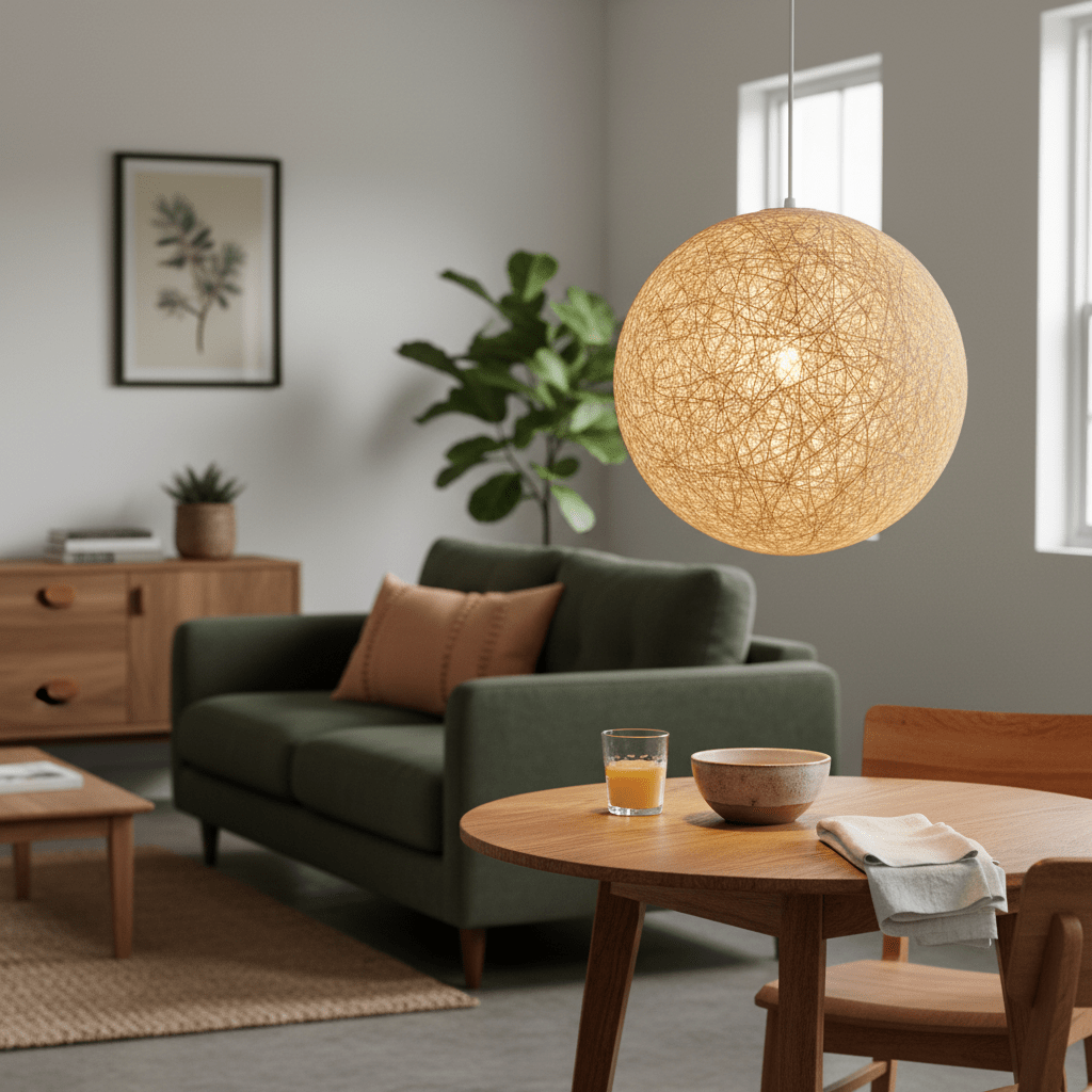 Natural twine cover pendant light hanging above a wooden dining table with a glass and bowl.