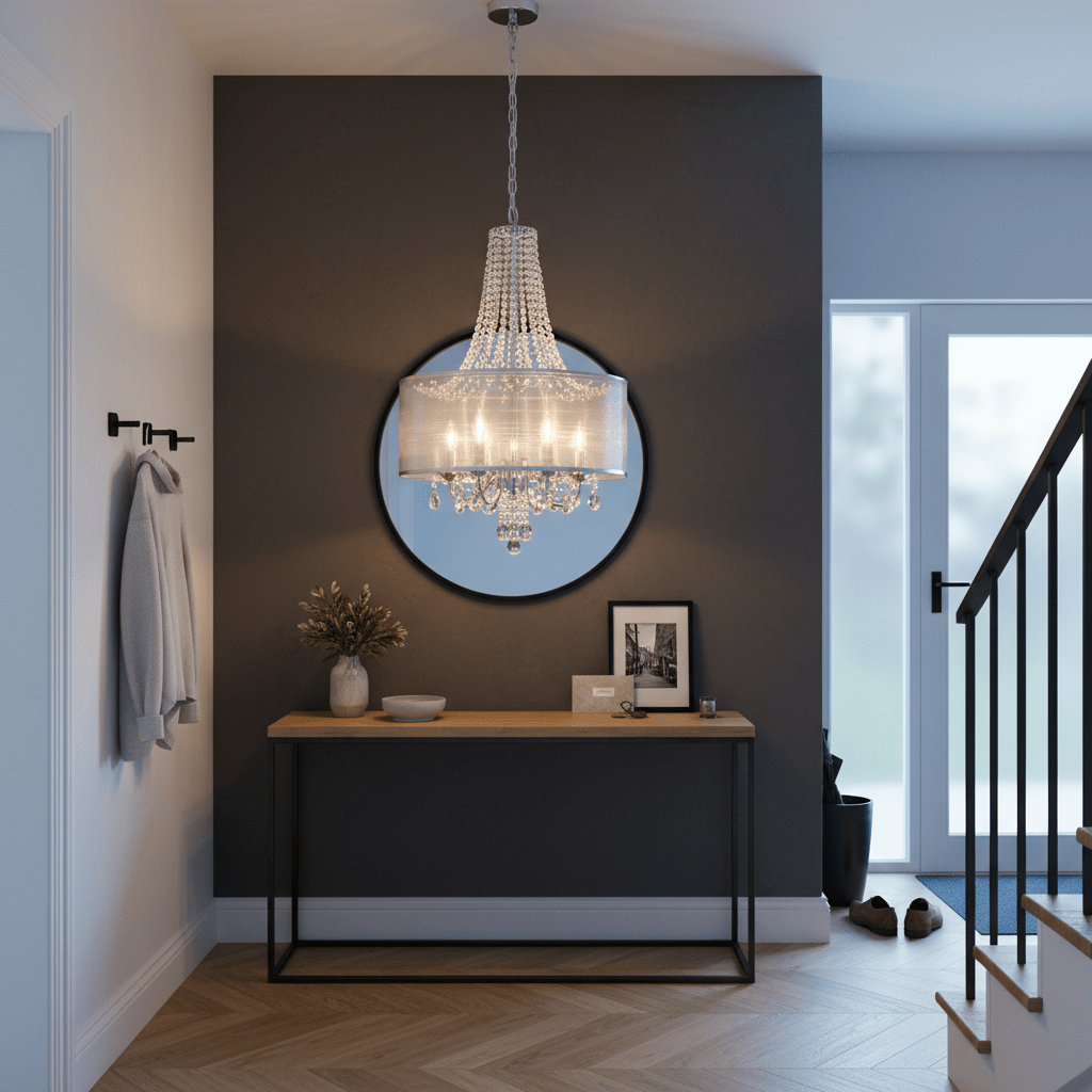 Polished chrome crystal chandelier hanging above a wooden console table in a stylish entryway.