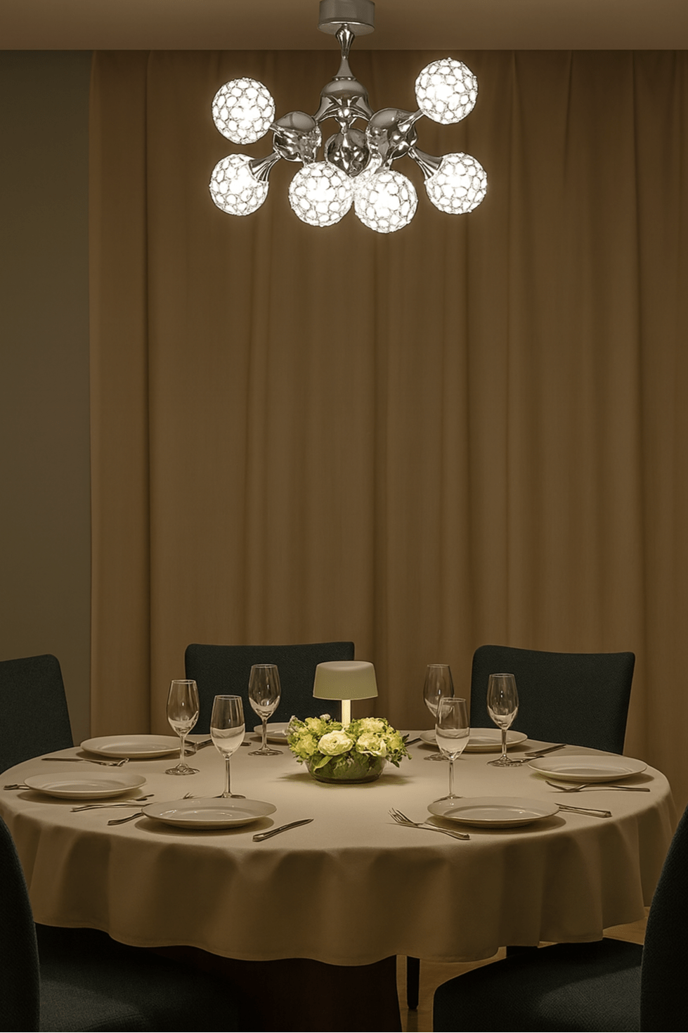 Dining table set with plates, glasses, and a centerpiece under a chandelier with brown curtains in the background.