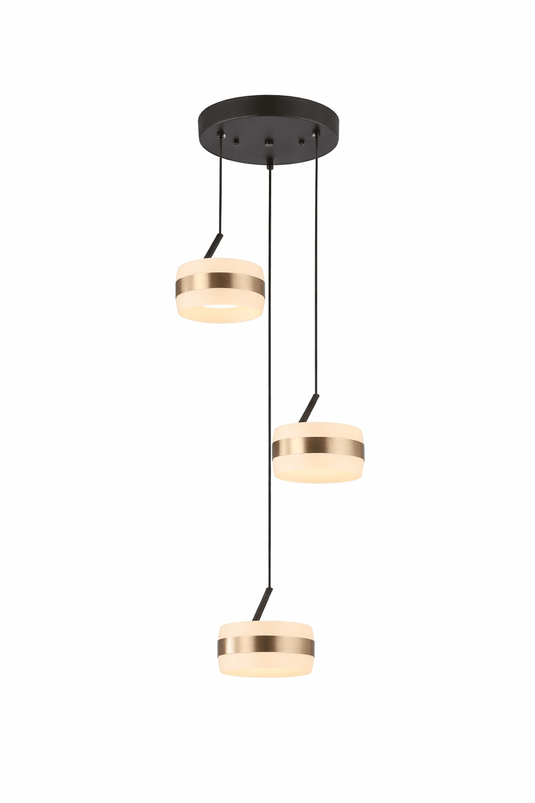 Modern pendant light with three cylindrical shades on a white background