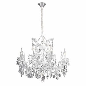 Elegant 8 light crystal chandelier with white glass and K9 clear crystals, designed for indoor use.